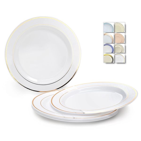 " OCCASIONS " 40 Plates Pack, Heavyweight Disposable Wedding Party Plastic Plates (6.25'' Dessert/Bread Plate, White & Gold Rim)