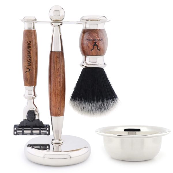 Jag Shaving Shaving Kit - 4 Pc Shaving Brush Set - Synthetic Black with White Tip Shaving Brush - 3 Edge Shaving Blade Shaving Razor - Shaving Stand - Shaving Bowl - Mens Shaving Kit