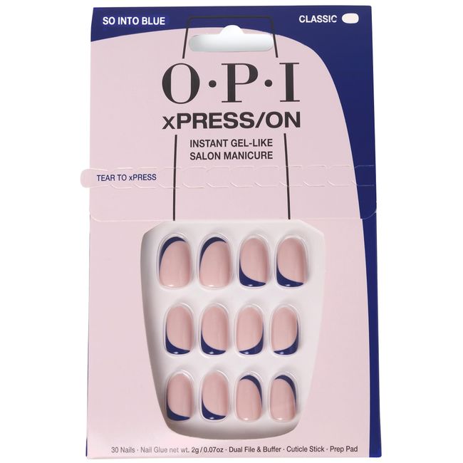 OPI xPress/ON Press On Nails, Up to 14 Days of Gel-Like Salon Manicure, Vegan, Sustainable Packaging, With Nail Glue, Blue Nail Art, Short, So Into Blue