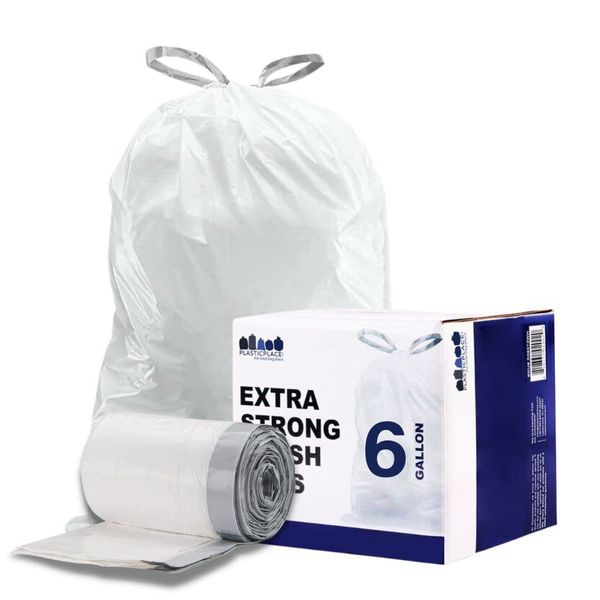 Plasticplace 6 Gallon Trash Bags, 0.7 Mil, White Drawstring Garbage Can Liners, 17" x 20" (100 Count)