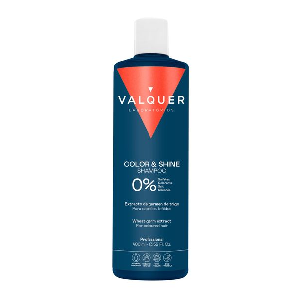 Valquer Shampoo Color and Shine Enhancer (for dyed hairs). With Wheat germ extract, integrated into a delicate and exclusive formula Zero% (salt, parabens, silicones), to revive hair color 400 Ml.