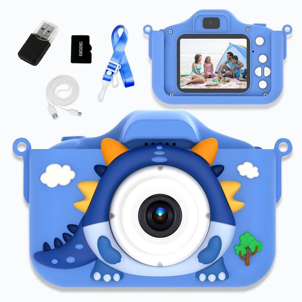 Kids Camera Toys, 1080P HD Selfie Dual Video Camera, Cute Dinosaur Cartoon Toddler Digital Camera for 3-12 Boys/Girls, Children Travel Camera, Christmas Birthday Gift for Kids, 32GB TF Card (Blue)