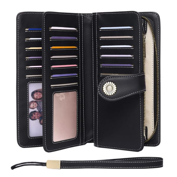 FALAN MULE Women's Wallet Genuine Leather RFID Blocking Large Capacity Trifold Ladies Wallet Wristlet Clutch Card Holder