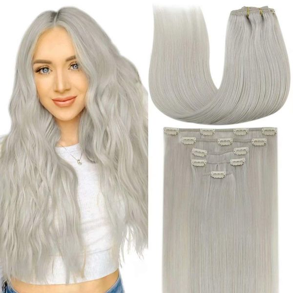 LaaVoo Blonde Hair Extensions Clip in Human Hair 20" Full Head #60 Platinum Blonde Clip in Hair Extensions Human Hair Double Weft 5pcs/70g