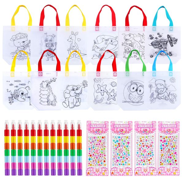 Taschen Zum Bemalen für Kinder Set,12 Stück Beutel Zum Bemalen für Kinder und Stapelbare Wachsmalstifte (7 Farben in 1) 4 Diamant Aufkleber,Taschen Bemalen Kindergeburtstag,Bastelset Kindergeburtstag