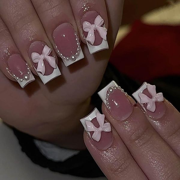 French Press on Nails Square RIICFDD Pink Fake Nails Short French Pearls False Nails Pink Bow Nail Charms Designs Press on Nail Summer Acrylic Full Cover Glue on Nails for Women Girls 24 Pcs