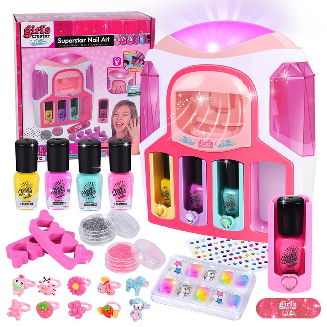 Herenear Kids Nail Polish Kit for Girls, Kids Nail Polish Set with 2 In 1 Nail Dryer Set, Nail Polish, DIY Sticker, Glitter Powder, Rings, Nail Art Kit Manicure Party Christmas Gift