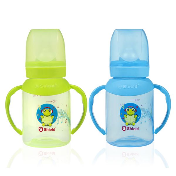 S Shield Baby Deluxe Feeding Bottle with Handle, BPA-Free/Polypropylene, Silicone and Slow-Flow Nipple with Travel Caps, (4.5 oz / 125 ml) (2 Pack)