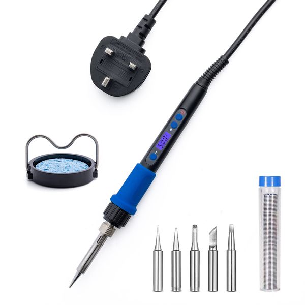 Soldering Iron Kit 100W LCD Welding Tools Adjustable Temperature 200-500°C,ON/Off Switch,5 Replacement Tips,Solder Wire,Stand,UK Plug,Welding Iron Gun Set for Electronics Repair