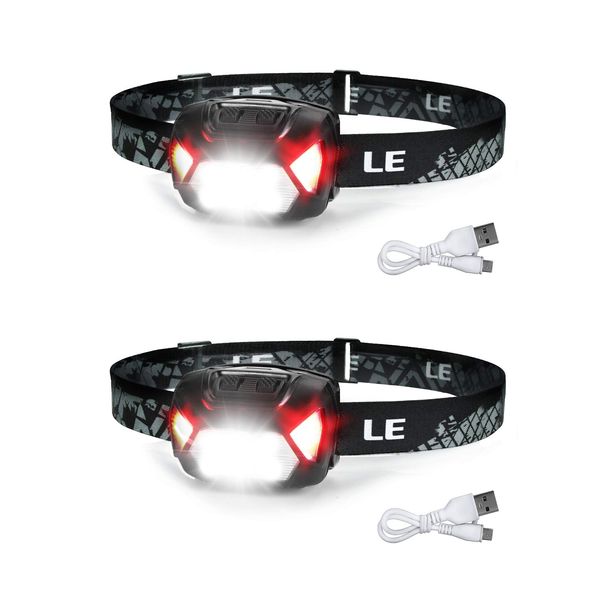 Headlight, Rechargeable USB High Brightness LED Headlamp, Set of 2, (Switching between Light Collecting and Scattering, 300 Lumens Brightness, 4-30 Hours, IPX4 Waterproof), Equipped with Red Sub