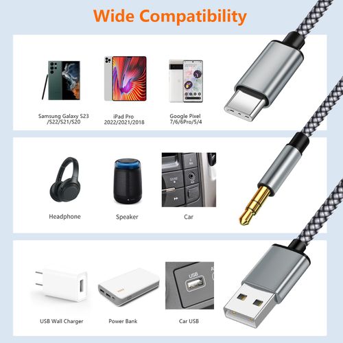 USB C to 3.5mm Aux Cable with Charger, 2 in 1 USB C to 3.5mm Headphone Car Stereo Aux Cable with PD 18W Charging Compatible with iPhone 16/16Pro/15/15Pro, Galaxy S24 Ultra/S24/S23/S21FE, Pixel 8/7/6