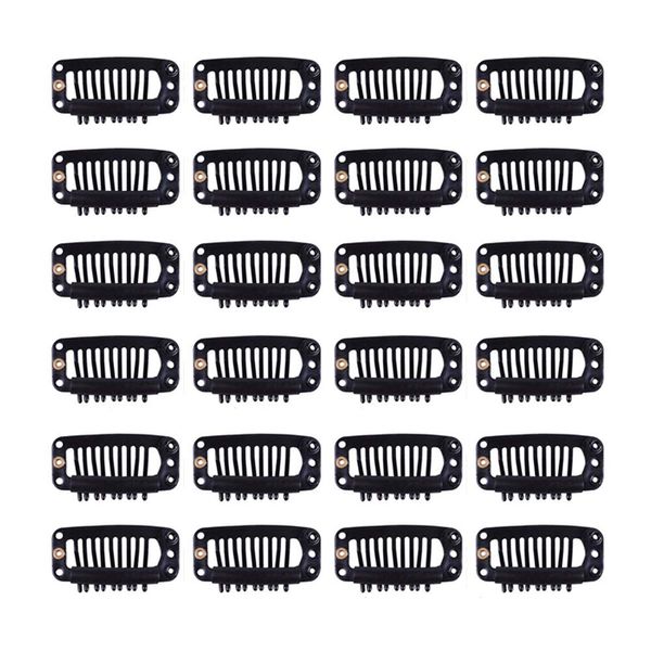 24 pcs/lot 32mm 9-teeth Metal Wig Clips Wig Hair Extension Clips with Rubber Snap Clips for Hairpiece Wig Accessories Clips (Black)