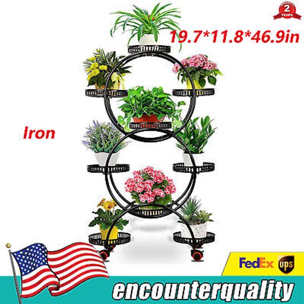 9-Tray Metal Plant Stand Rack Black Flower Pot Holder with Wheels Indoor Outdoor