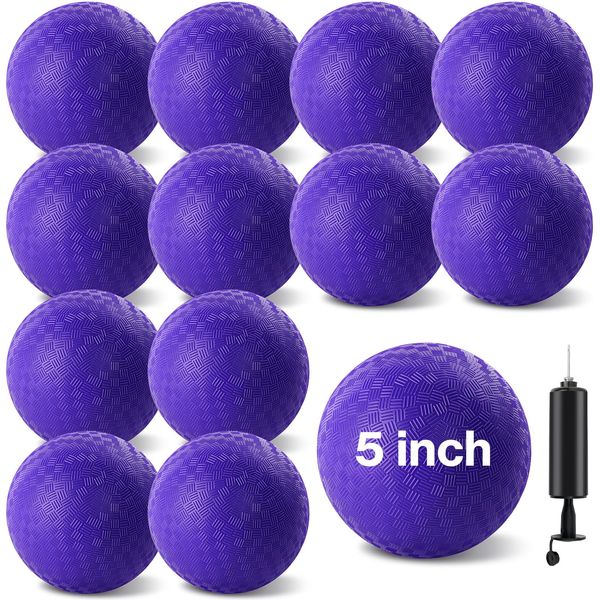 HSLCGF 12 Pcs Dodgeballs 5 Inch Playground Ball Kickball Purple Inflatable Rubber Handball Dodge Ball with 1 Hand Pump for Outdoors Ball Games Gym Camps Picnic (Needle is at The Top of The Pump)