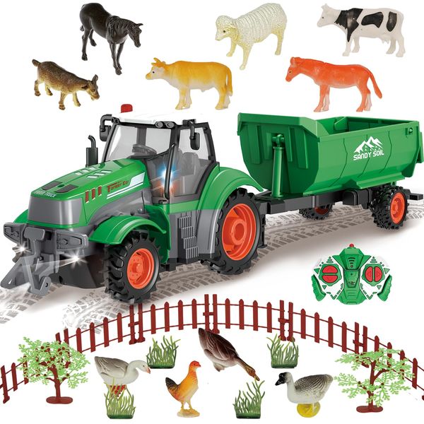 FIIOEOY Remote Control Tractor Toy, 25pcs Farm Toys 16.8 Inches RC Tractor with Trailer, Farm Animal Toys, Farm Vehicle Toy Tractor Toy for 3-7 Year Old Boys Kids Birthday Gift