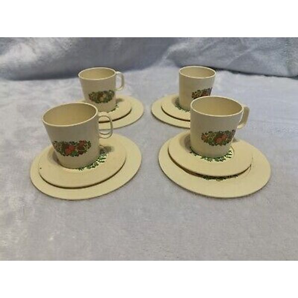 Vtg Tea Set 12 pc Toy ChiltonChildrens Plastic Play Dishes Cups Fruit/Flower