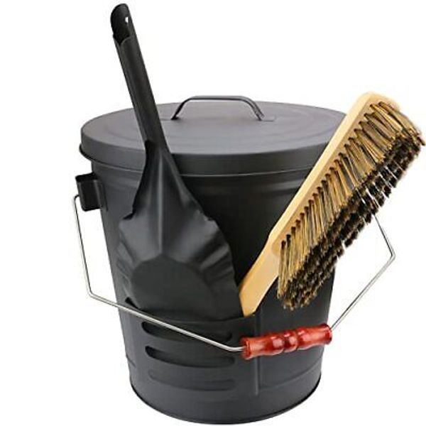 Ash Bucket with Lid, Shovel and Hand Broom, 5.2 Gallon Metal Coal Ash Bucket