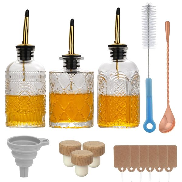 WHJY 3 Pack Small Syrup Dispenser Simple Syrup Container with Pour Spout Glass Syrup Bottles with Refilling and Cleaning Tool Set Floral Pattern Coffee Syrup Dispenser with Label Tags
