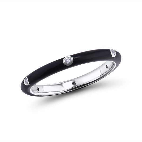 Santuzza 925 Sterling Silver Enamel Stackable Ring Cubic Zirconia Eternity Stacking Ring for Women (Black,7)