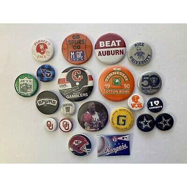 Lot of 21 Sports Pinback Buttons-Michael Jordan, KC Chiefs, Cowboys, Spurs, Jets