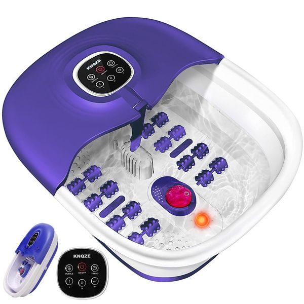 KNQZE Collapsible Foot Spa Bath with Heat, Remote Control, Temperature Control, Bubbles, Pumice Stone, Red Light, Timer, 16 Massage Roller Pedicure Foot Spa for Relaxation and Stress Relief, Purple