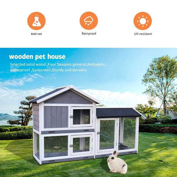 Indoor/Outdoor Rabbit Hutch Cage with Run, Pet House, No Leak Tray