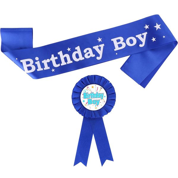 IRYNA Birthday Decorations for Boys Includes Birthday Boy Satin Sash and Birthday Boy Holographic Badge, Birthday Boy Award Ribbon Badge, Blue Birthday Boy Sash for Kids Boy Party Supplies