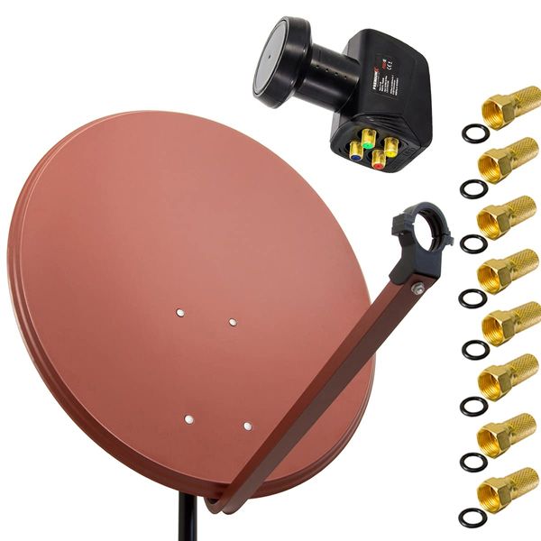 PremiumX Satelliten-Komplettanlage 80cm Satellitenschüssel Ziegelrot Satellitenantenne Quad LNB 8X F-Stecker, SAT für 4 Teilnehmer