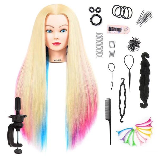 Morris Cosmetology Mannequin Head with Synthetic Hair Styling Head for Hairdresser Training Head Manikin Doll Head 26"-28" Long Hair Mannequin Head for Braiding Practice with Clamp (613)