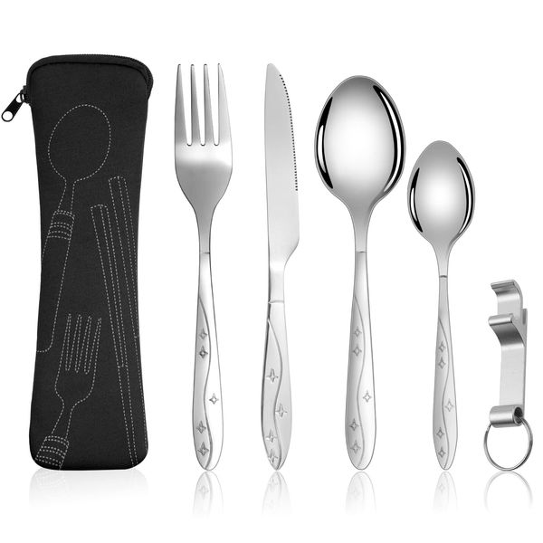 Vicloon Cutlery Set with Portable Pouch Case, 5PCS Stainless Steel Flatware Set with Bottle Opener, Travel Cutlery Set Spoon Knife and Fork for Camping Picnic Office School Lunch (Black)