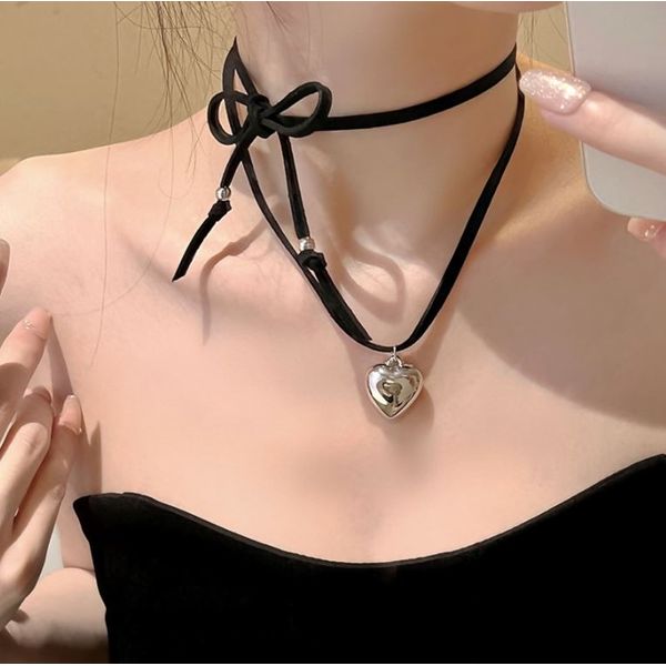 Kitsch Heart String Choker Necklace / Bold Heart Plump Heart Velvet Shamude String Chain Silver Afave AFAVE JR1072R