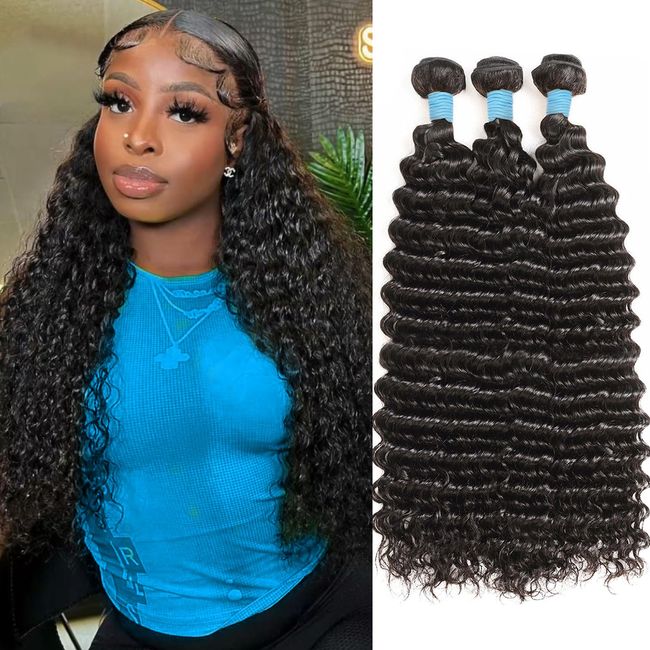 Deep Wave Bundles Human Hair 18 20 22 Inch Human Hair Bundles Deep Wave 100% Unprocessed 12A Wet and Wavy Bundles Double Weft Deep Curly Human Hair Bundles Natural Black (DW-18 20 22)