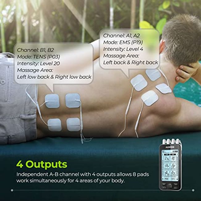 AUVON Dual Channel TENS EMS Unit 24 Modes Muscle Stimulator for Pain  Relief, Rechargeable TENS Machine Massager with 12 Pads, ABS Pads Holder,  USB