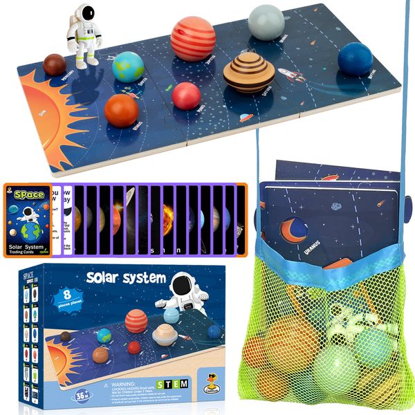 30 Pcs Wooden Solar System Model Board Toy Kit, Montessori Planet Balls Toys with Astronaut Figures, Preschool Learning Educational Puzzle, Space Knowledge Flash Cards Learning Toys for Kids