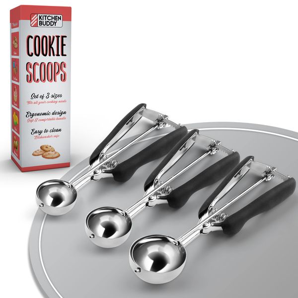 Kitchen Buddy - Versatile Cookie Scoops - Stainless Steel Ice Cream Scoop with Trigger - For Cooking, Baking, and Food Portion - Set of 3 Scoopers - Small (1 Tbsp), Medium (2 Tbsp), & Large (3 Tbsp)