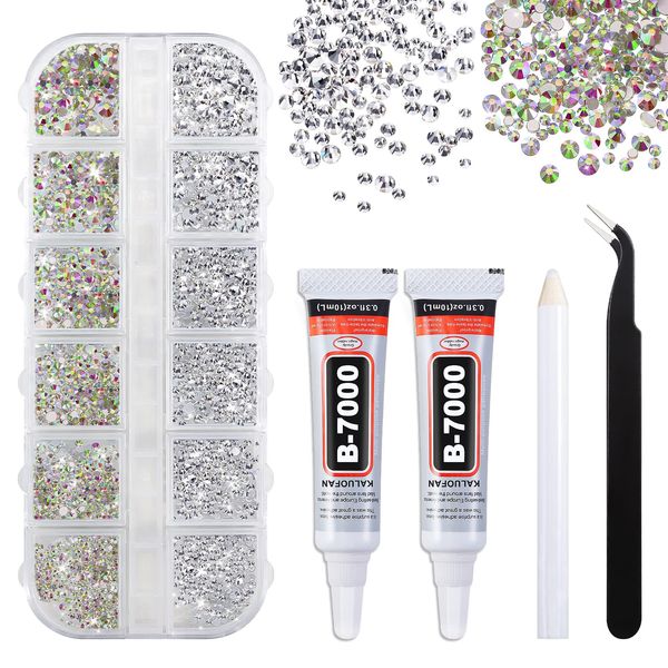 Rhinestones for Crafts, Clear Flatback Nail Gems, Kaluofan 1728 PCS Rhinestones with B7000 Glue Tweezers and Picking Pen, Silver and Iridescent 2 Style, for Crafts Nail Earring Phone Cases Clothes