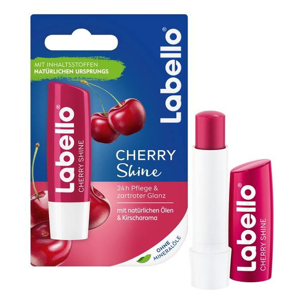 Labello Cherry Shine Lip Balm with Soft Red Shine and Shimmer Pigments and Cherry Flavours, Lip Care without Mineral Oils