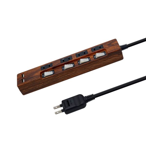 STYLED USB Charging, Wood Grain Style, Power Strip, 6.6 ft (2 m), AC Outlet, Total 2.4 A Output, 18 Months Warranty, 2 USB Ports, Extension Cord, Rapid Charging, Lightning Guard, Individual Switch, 1400 W (4 Outlets, USB 2.4A, Cord 6.6 ft (2 m), Walnut To