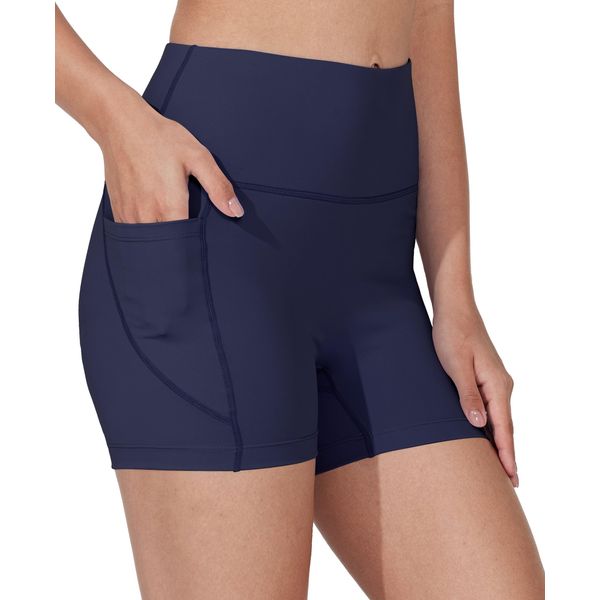 WIILIT 3" Damen Badeshorts UPF50 Badehose Bikinihose Schwimmshorts Hohe Taille Tummy Control Boardshorts Schnell Trocknend mit Innenfutter Taschen Marineblau M