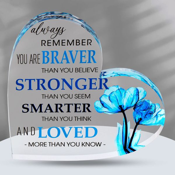 Motivational Gifts - Acrylic Hearts with Heartwarming Message - Inspirational Gifts for Women, Men Gifts - Home Office Desk Decor - Best Friends Gifts, Colleague Leaving Gifts, (Heart - Blue Flower)