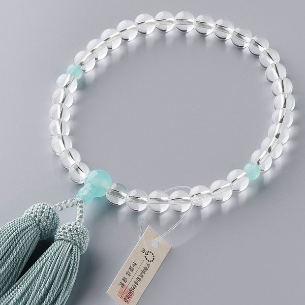 Butsudanya Takita Shoten Kyoto Prayer Beads, Women's, Genuine Crystal, Sea Blue Chalcedony, 0.3 inch (8 mm) Ball, Pure Silk Bassel, With Prayer Bag, Can Be Used in All Sects, Certificate Included