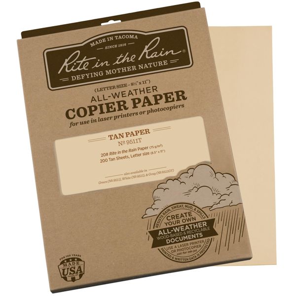 Rite In The Rain Weatherproof Copier Paper, 8.5" x 11", 20# Tan, 200 Sheet Pack (No. 9511T)
