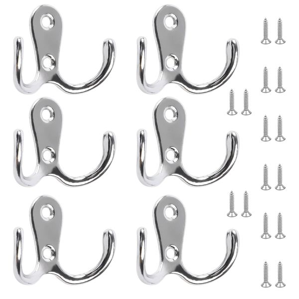 6 PCS Double Prong Robe Hooks Dual Coat Door Hooks with 16 PCS Screws Chrome Wall Mounted Hooks for Hanging Hat Tie Clothes Towel Metal Retro Cloth Hanger Silver for Bedroom Bathroom Kitchen