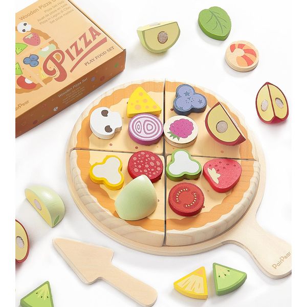 PairPear Wooden Pizza Toy Cutting Play Food Set, Kids Pretend Play Kitchen Accessories, Wooden Kids Kitchen Playset, Pizza Making Toy Set Cooking Gifts for Boys Girls Age 3+