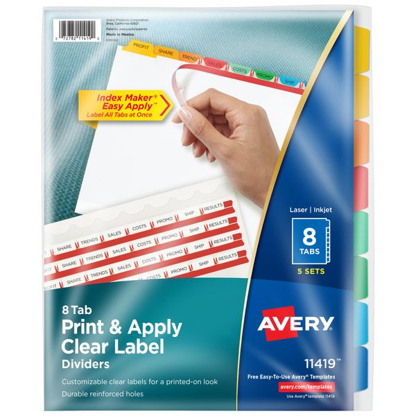 Avery 8 Tab Dividers for 3 Ring Binder, Easy Print & Apply Clear Label Strip, Index Maker Customizable Multicolor Tabs, 5 Sets (11419)