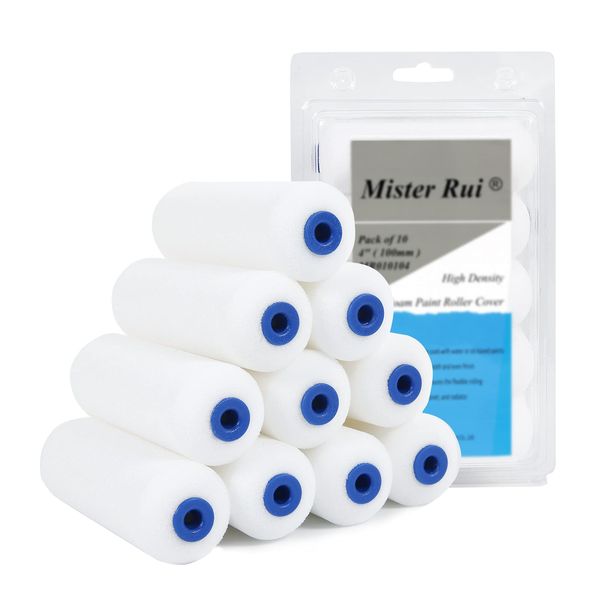 Mister Rui Foam Paint Roller, 4 Inch Small Paint Roller Covers(Pack of 10), High Density Foam Paint Roller, Mini Rollers for Painting Walls, Cabinets, Cupboards, Doors, etc.