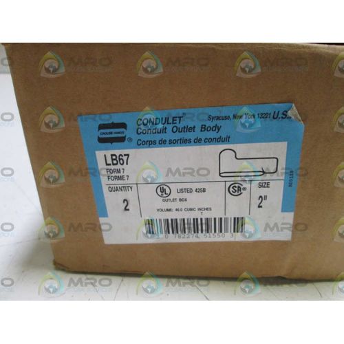CROUSE-HINDS LB67 CONDUIT OUTLET BODY 2" (PKG OF 2) NEW IN BOX