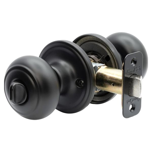 Copper Creek Matte Black Door Knobs - Round Colonial Knob with Privacy Locking Function for Home Improvement, 1 Pack - Fits All Standard Doors - Locking Door Knob for Bedroom and Bathroom Use