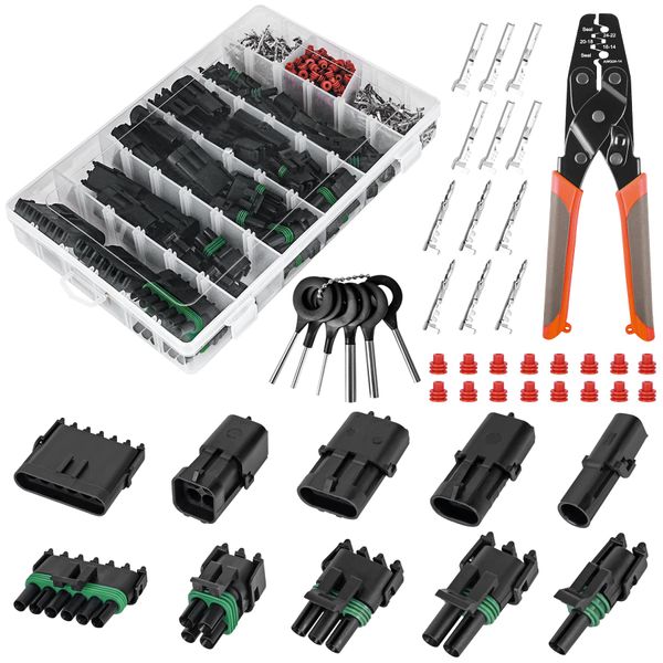 367Pcs 20 Kits Waterproof Automotive Electrical Connectors 1/2/3/4/6 Male&Female Pin 22-14AWG Wire Harness Spark Plug Connector Terminals Plug Kit Car with Wire Crimping Tool