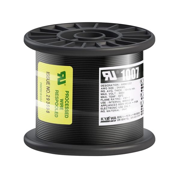 Kyowa Harmonet UL1007 AWG24 Heat Resistant Vinyl Insulated Wire, Reel Wind, 322.8 ft (100 m), Black